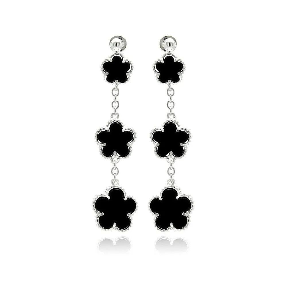 Silver 925 Rhodium Plated Graduated Black Onyx Wire Dangling Stud Earrings - BGE00197