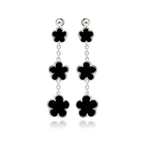 Silver 925 Rhodium Plated Graduated Black Onyx Wire Dangling Stud Earrings - BGE00197
