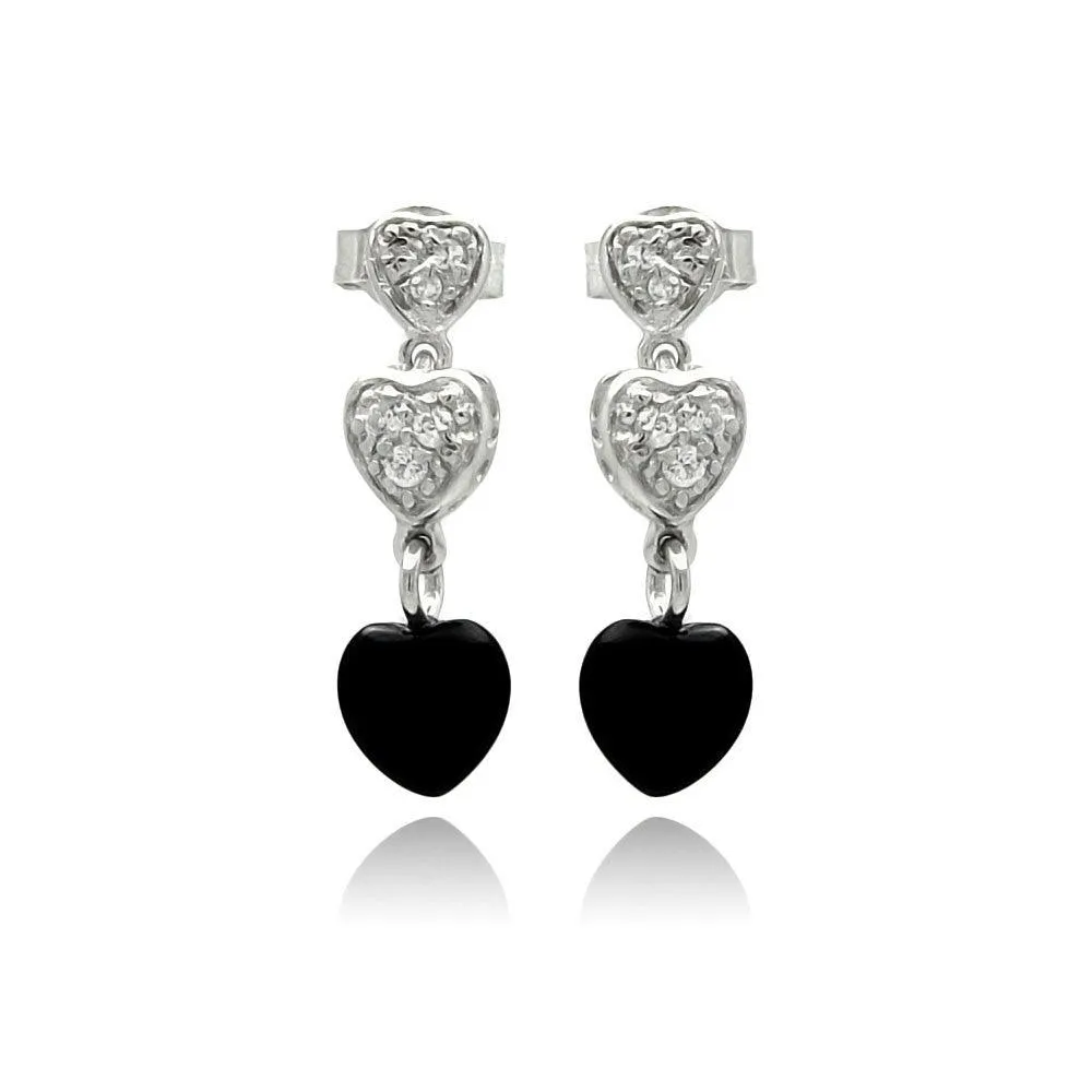 Silver 925 Rhodium Plated Graduated Heart Round Clear CZ Black Onyx Dangling Stud Earrings - STE00771