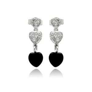 Silver 925 Rhodium Plated Graduated Heart Round Clear CZ Black Onyx Dangling Stud Earrings - STE00771