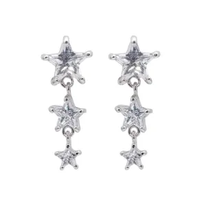 Silver 925 Rhodium Plated Graduated Multiple Stars CZ Dangling Stud Earrings - BGE00070