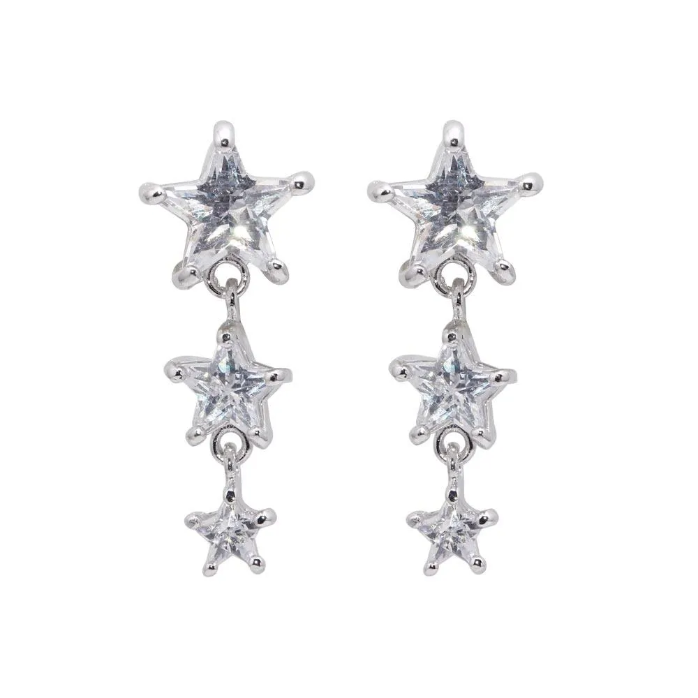 Silver 925 Rhodium Plated Graduated Multiple Stars CZ Dangling Stud Earrings - BGE00070
