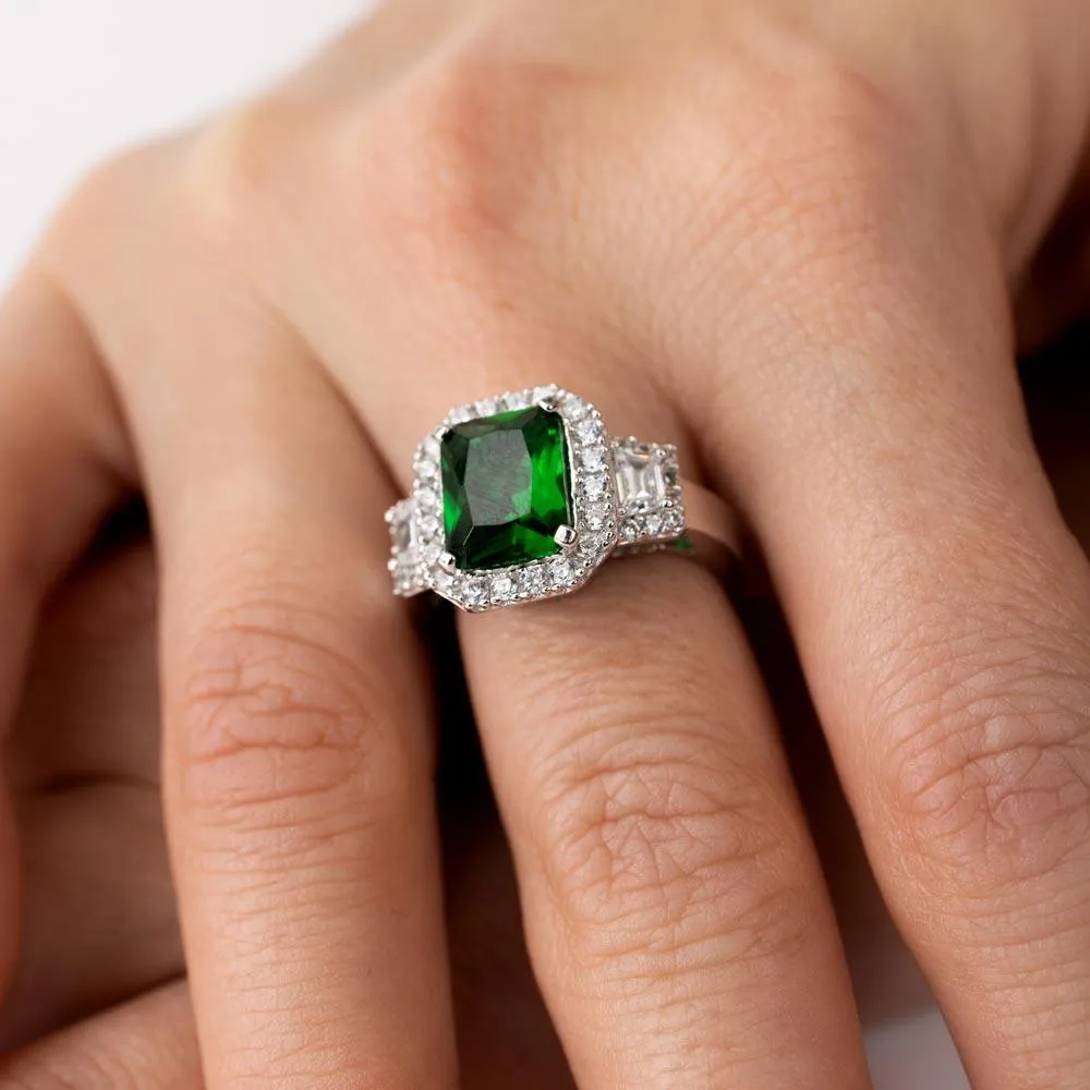 Silver 925 Rhodium Plated Green Emerald Cut Center CZ Stone Ring - GMR00101G