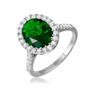Silver 925 Rhodium Plated Green Oval Halo Ring with CZ Stones - GMR00099G