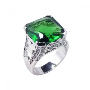 Silver 925 Rhodium Plated Green Square CZ Ring - STR00302