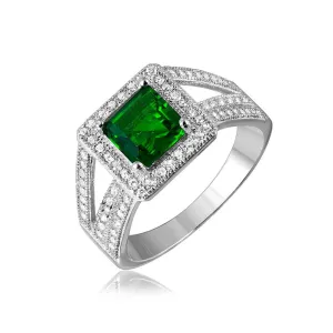 Silver 925 Rhodium Plated Green Square Halo with Micro Pave CZ Ring - GMR00103G