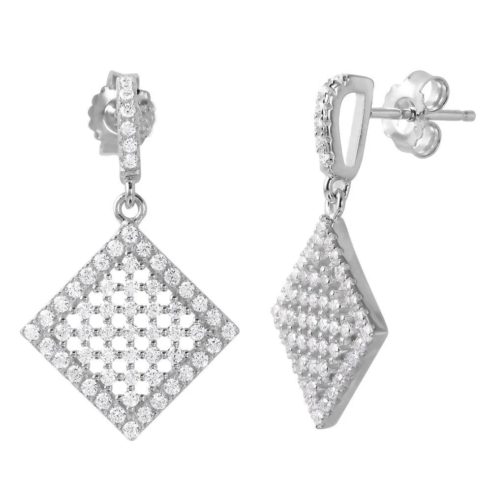 Silver 925 Rhodium Plated Halo Square CZ Earrings - ACE00090RH