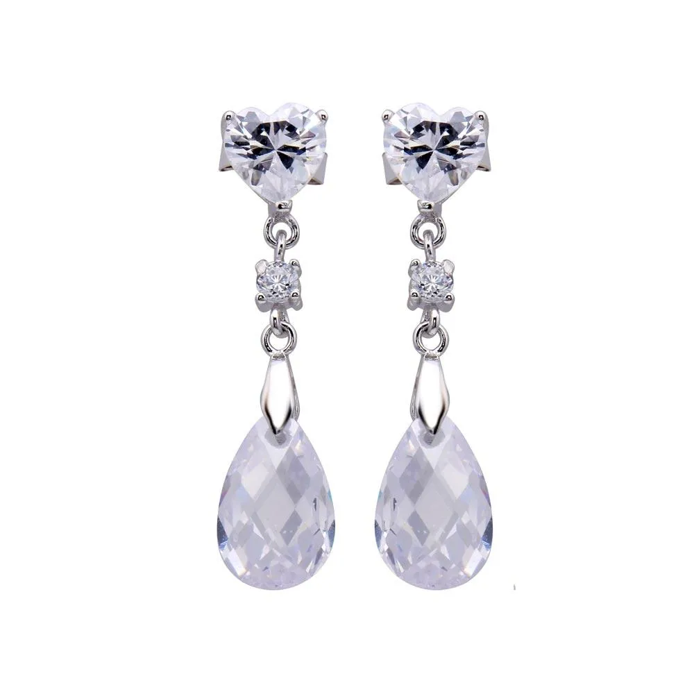 Silver 925 Rhodium Plated Heart and Teardrop CZ Dangling Stud Earrings - STE00442