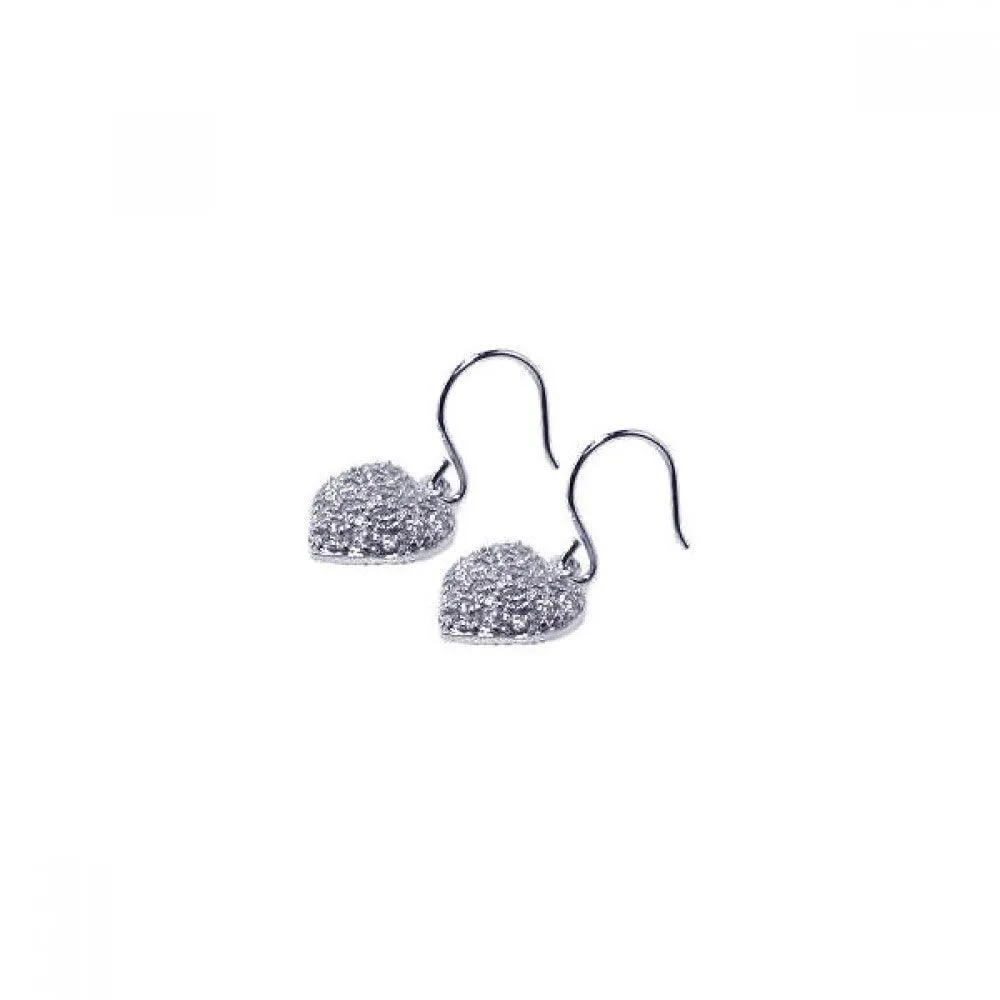Silver 925 Rhodium Plated Heart Cluster CZ Dangling Hook Earrings - STE00276