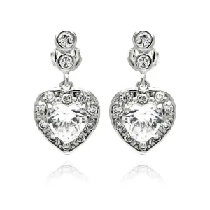 Silver 925 Rhodium Plated Heart CZ Dangling Earrings - BGE00233