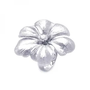 Silver 925 Rhodium Plated Matte Finish Single CZ Flower Ring - STR00820