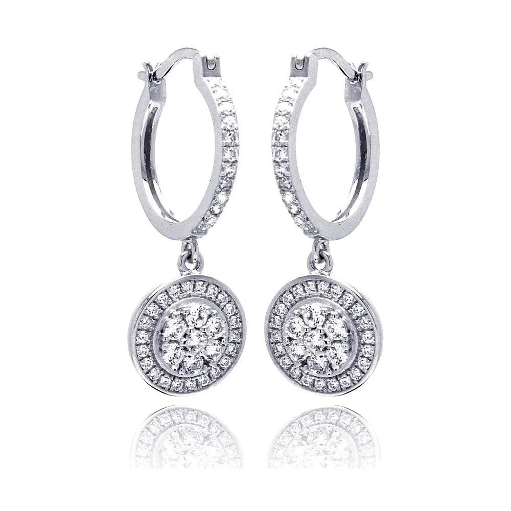 Silver 925 Rhodium Plated Micro Pave Clear Round CZ Wire Dangling huggie hoop Earrings - ACE00059