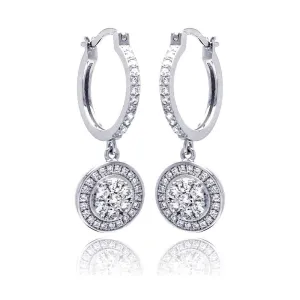 Silver 925 Rhodium Plated Micro Pave Clear Round CZ Wire Dangling huggie hoop Earrings - ACE00059
