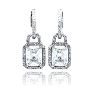 Silver 925 Rhodium Plated Micro Pave Clear Square CZ Dangling huggie hoop Earrings - ACE00031