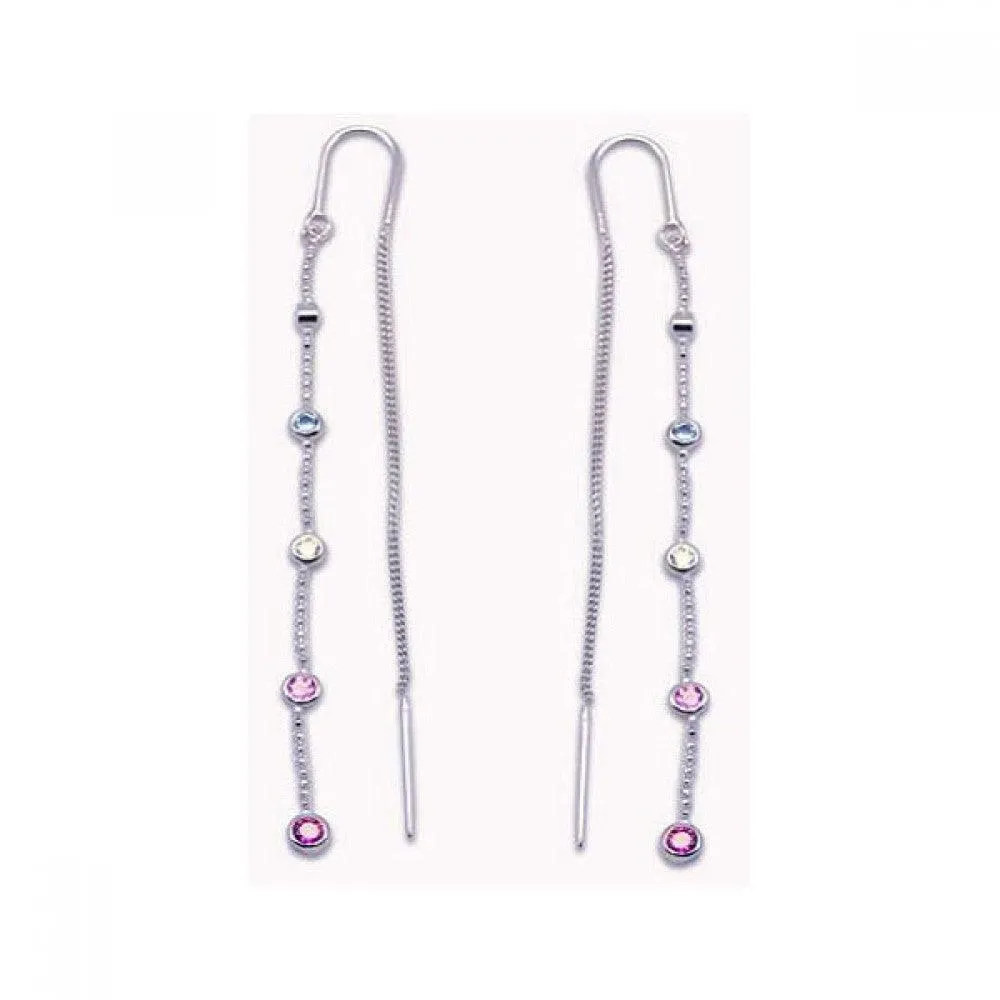 Silver 925 Rhodium Plated Multicolor CZ Single Strand Dangling Hook Earrings - STE00084