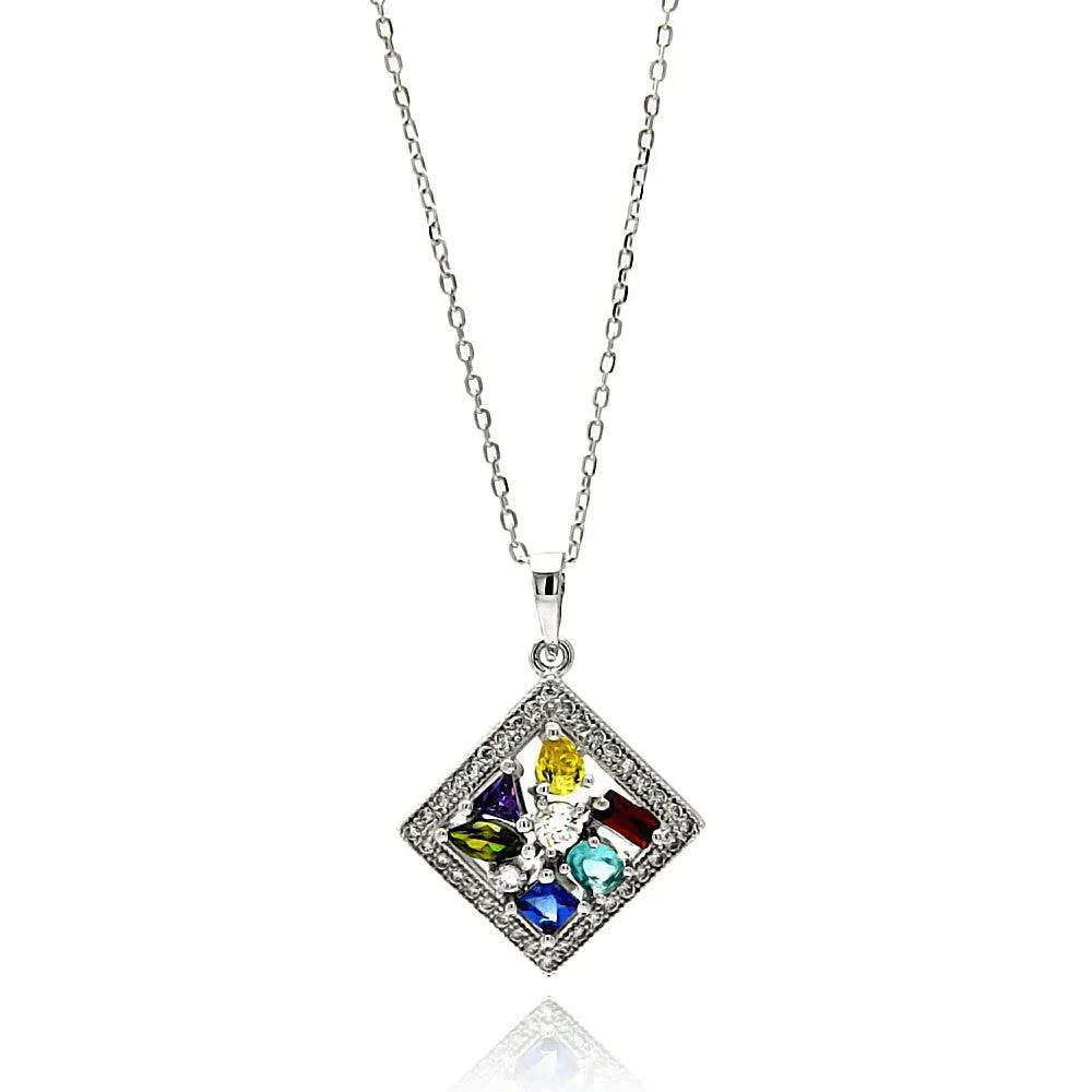 Silver 925 Rhodium Plated Multicolor Square CZ Necklace - BGP00619