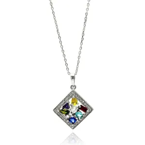 Silver 925 Rhodium Plated Multicolor Square CZ Necklace - BGP00619