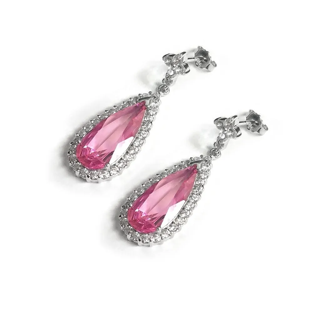 Silver 925 Rhodium Plated Multicolor Teardrop CZ Dangling Earrings - STE00163