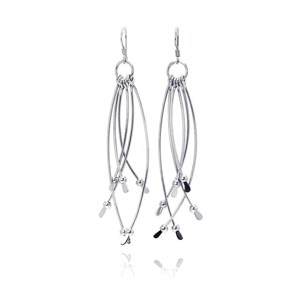 Silver 925 Rhodium Plated Multiple Crossed Dangling Wire Wide Teardrop Hook Earrings - DSE00032
