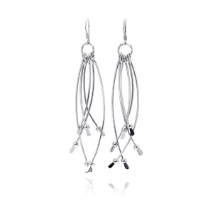 Silver 925 Rhodium Plated Multiple Crossed Dangling Wire Wide Teardrop Hook Earrings - DSE00032