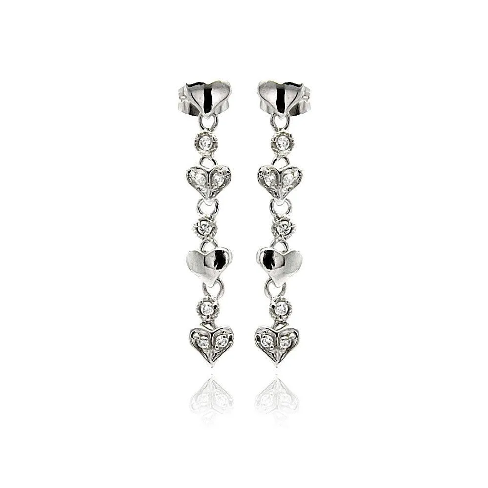 Silver 925 Rhodium Plated Multiple Heart Round CZ Dangling Stud Earrings - BGE00247