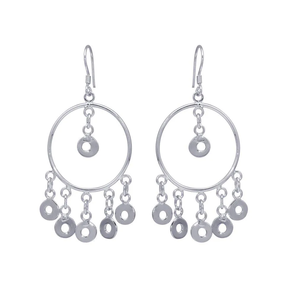 Silver 925 Rhodium Plated Multiple Open Black Circles Dangling Chandelier Hook Earrings - DSE00071
