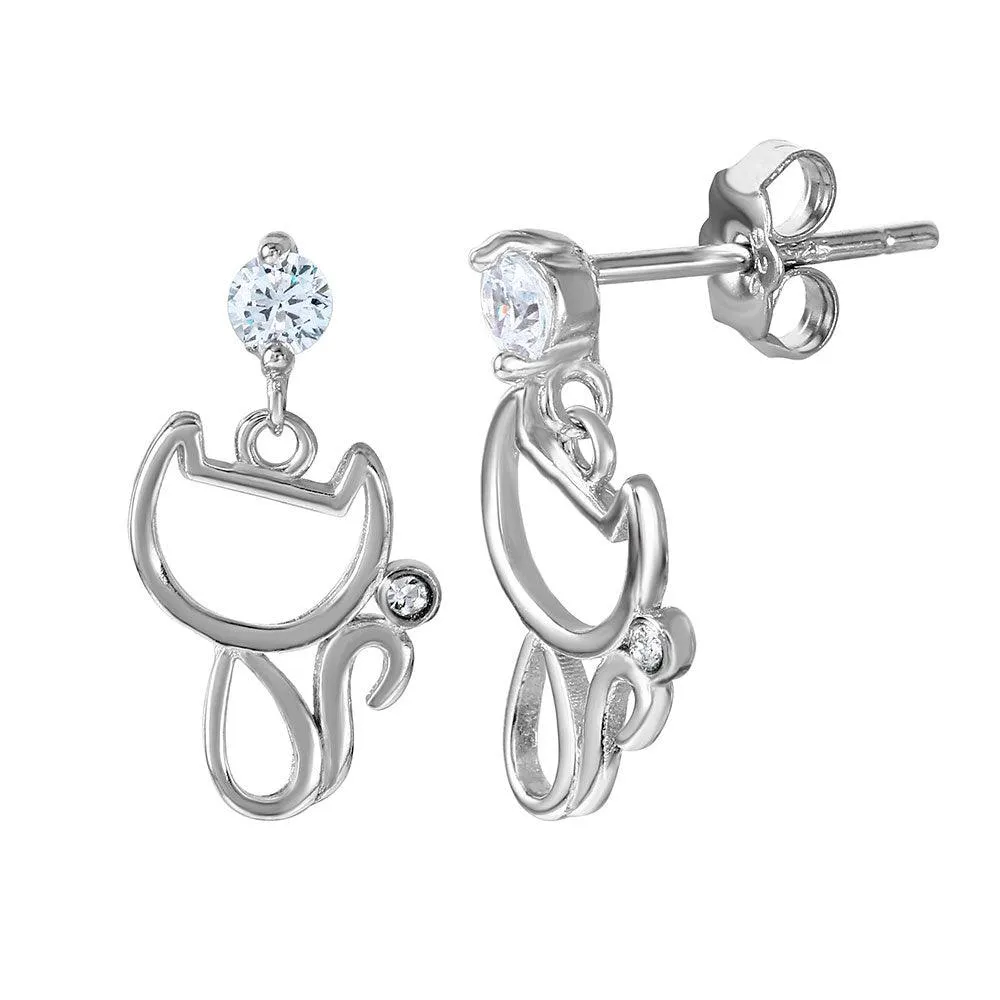 Silver 925 Rhodium Plated Open Cat Earring with CZ Stones - BGE00470