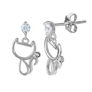 Silver 925 Rhodium Plated Open Cat Earring with CZ Stones - BGE00470