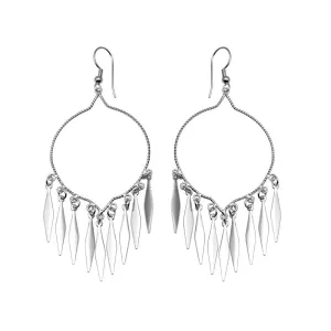 Silver 925 Rhodium Plated Open Circle Dangling Black Sharp Marquis Hook Chandelier Earrings - DSE00062