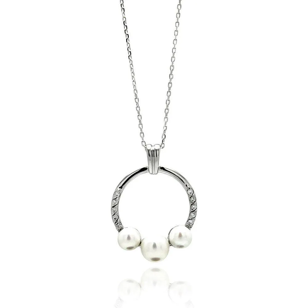 Silver 925 Rhodium Plated Open Circle Fresh Water Pearl Necklace - BGP00556