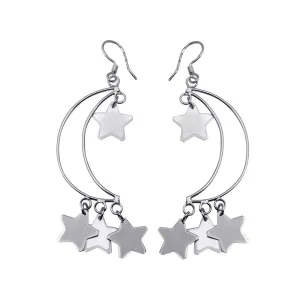 Silver 925 Rhodium Plated Open Crescent Moon Dangling Stars Hook Earrings - DSE00072