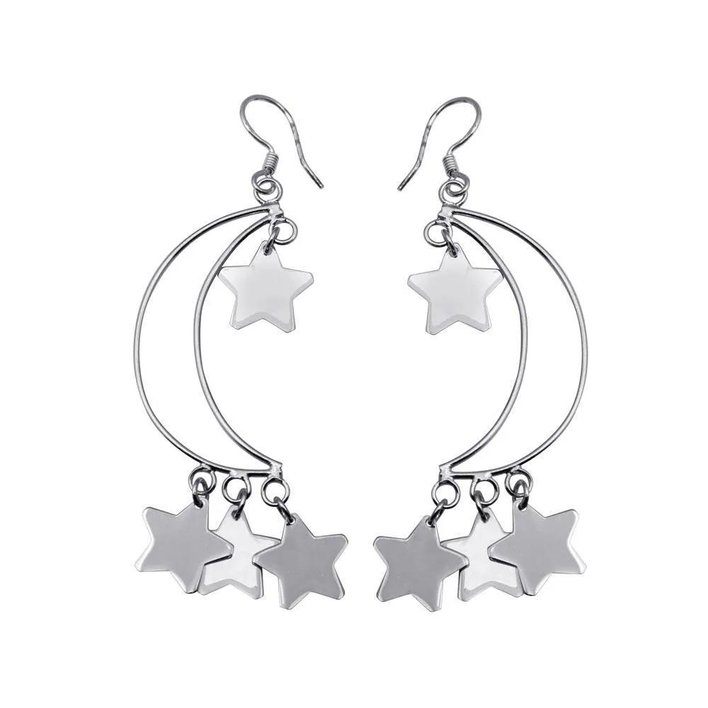 Silver 925 Rhodium Plated Open Crescent Moon Dangling Stars Hook Earrings - DSE00072