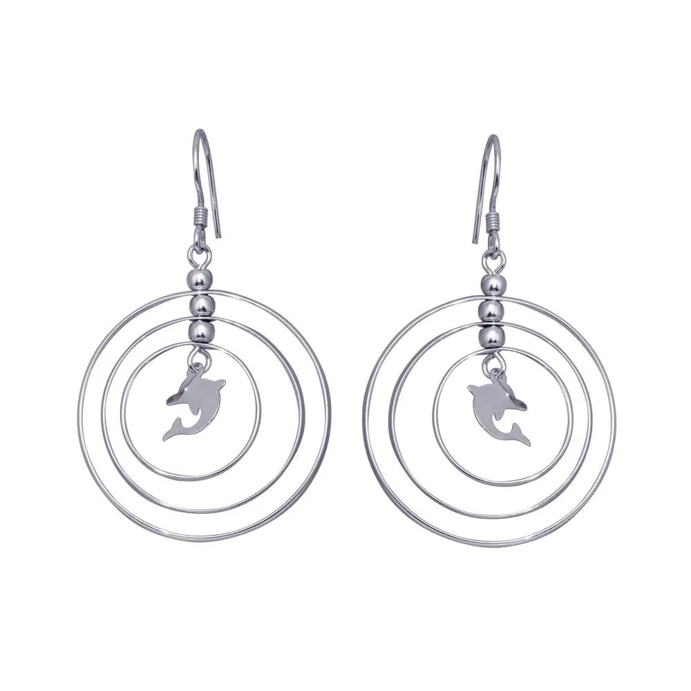 Silver 925 Rhodium Plated Open Graduated Circle Center Dolphin Dangling Hook Earrings - DSE00067