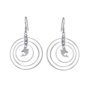Silver 925 Rhodium Plated Open Graduated Circle Center Dolphin Dangling Hook Earrings - DSE00067