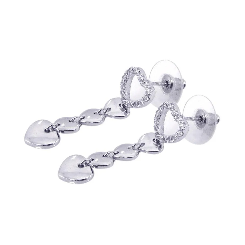 Silver 925 Rhodium Plated Open Heart Clear CZ Dangling Earrings - BGE00047