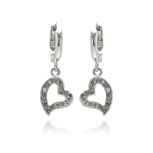 Silver 925 Rhodium Plated Open Heart Clear CZ Dangling huggie hoop Earrings - BGE00064