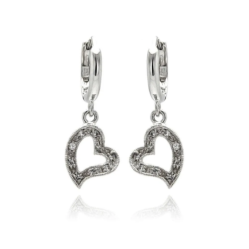 Silver 925 Rhodium Plated Open Heart Clear CZ Dangling huggie hoop Earrings - BGE00064