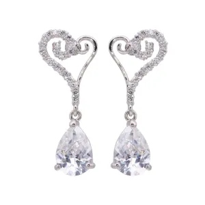 Silver 925 Rhodium Plated Open Heart CZ Dangling Stud Earrings - BGE00104