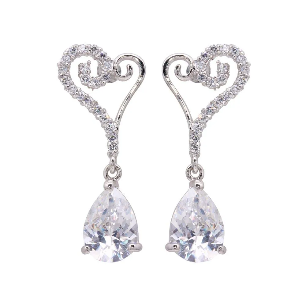 Silver 925 Rhodium Plated Open Heart CZ Dangling Stud Earrings - BGE00104