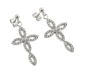 Silver 925 Rhodium Plated Open Marquis Cross CZ Dangling Earrings - BGE00291