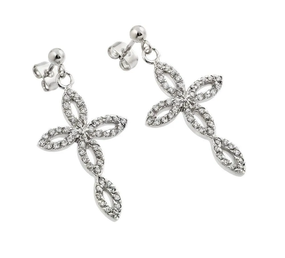 Silver 925 Rhodium Plated Open Marquis Cross CZ Dangling Earrings - BGE00291