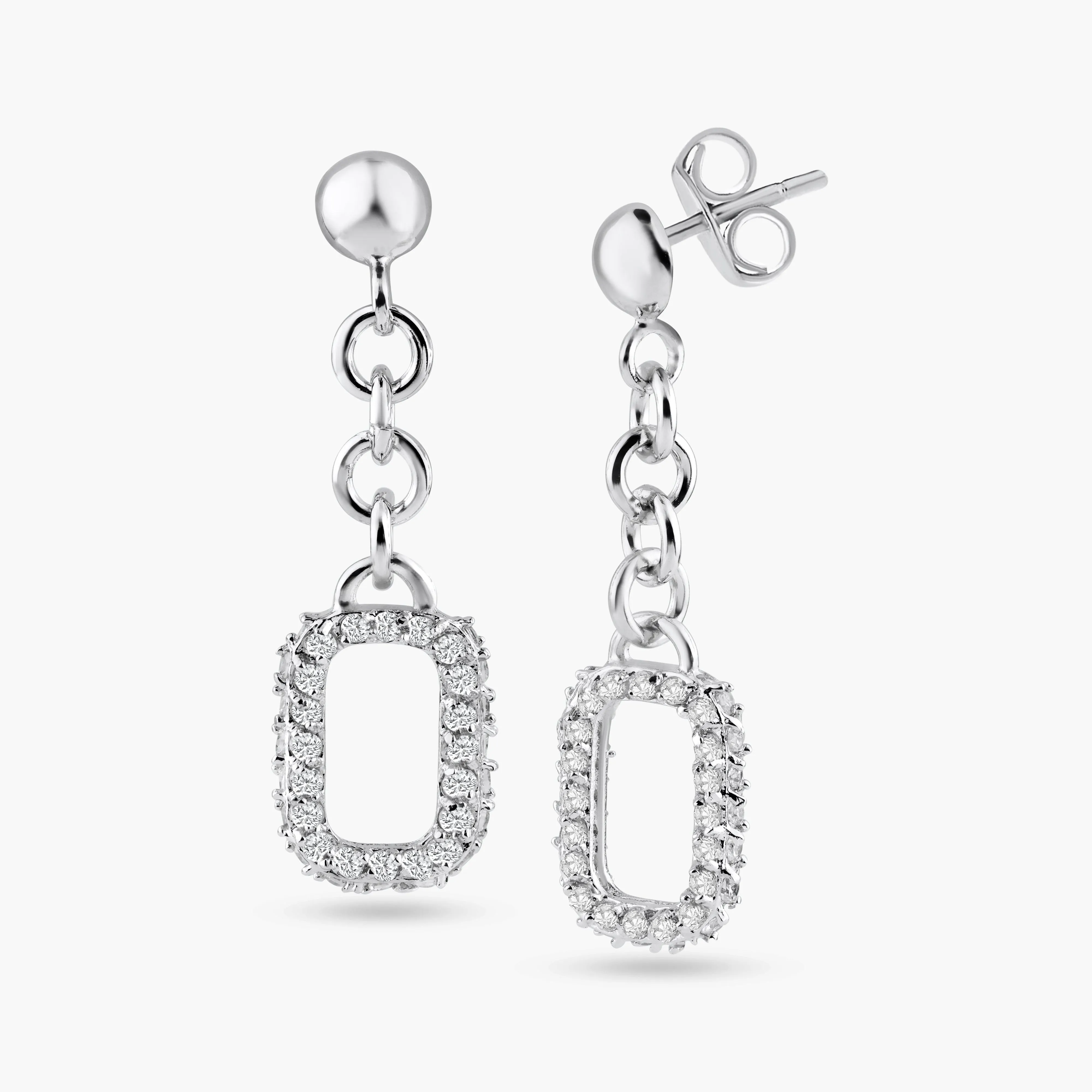 Silver 925 Rhodium Plated Open Rectangle Clear CZ Dangling Wire Earrings - BGE00053