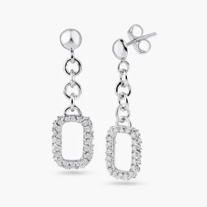 Silver 925 Rhodium Plated Open Rectangle Clear CZ Dangling Wire Earrings - BGE00053
