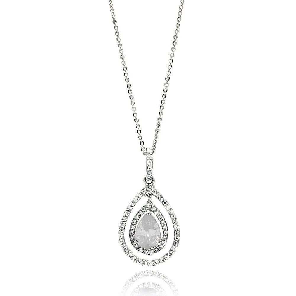 Silver 925 Rhodium Plated Open Teardrop Center CZ Necklace - BGP00664