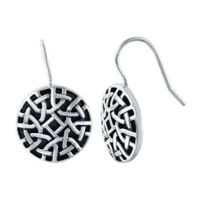 Silver 925 Rhodium Plated Patterned Circle Hook Earrings - STE00723