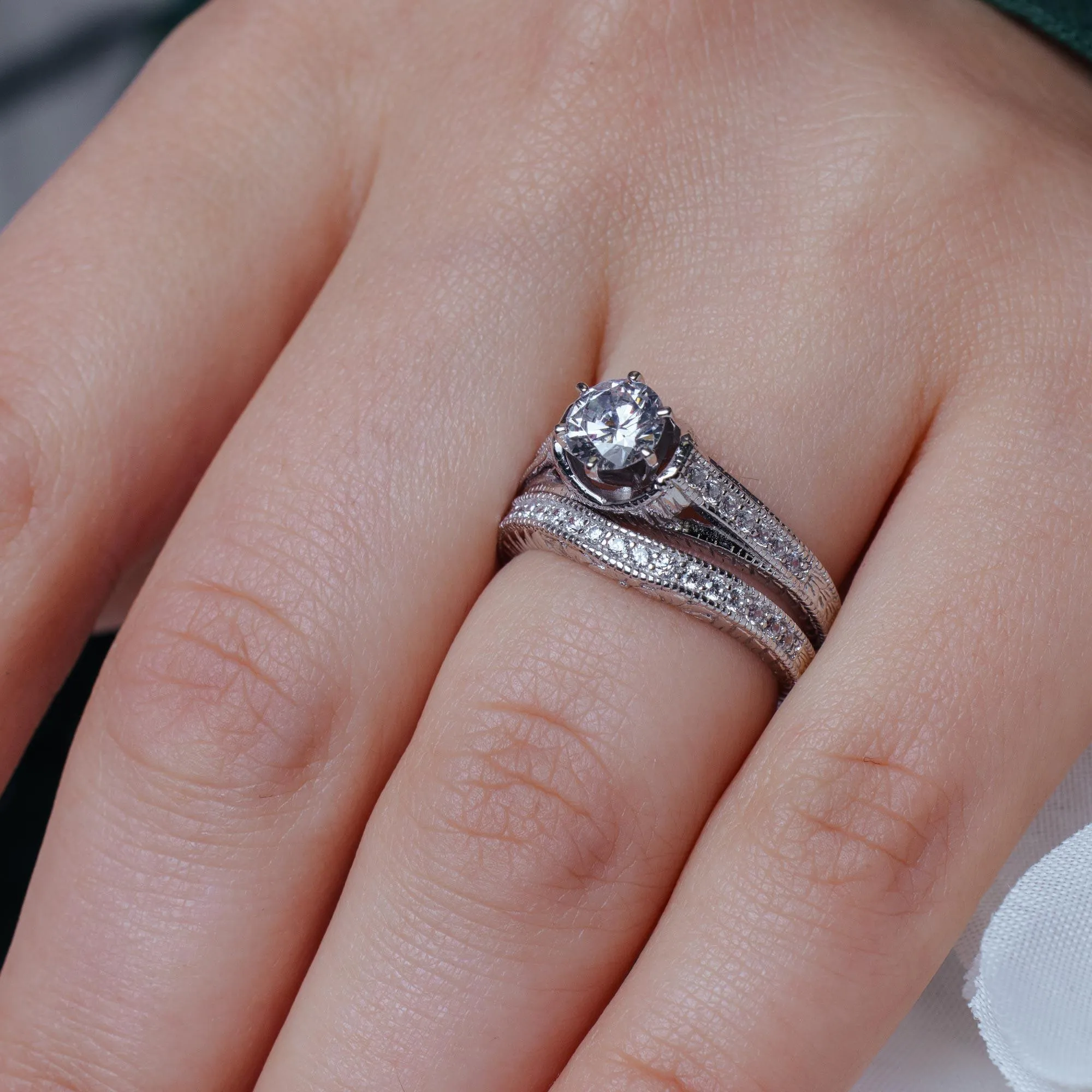 Silver 925 Rhodium Plated Pave Clear Round CZ Engagement Ring Set - ACR00021