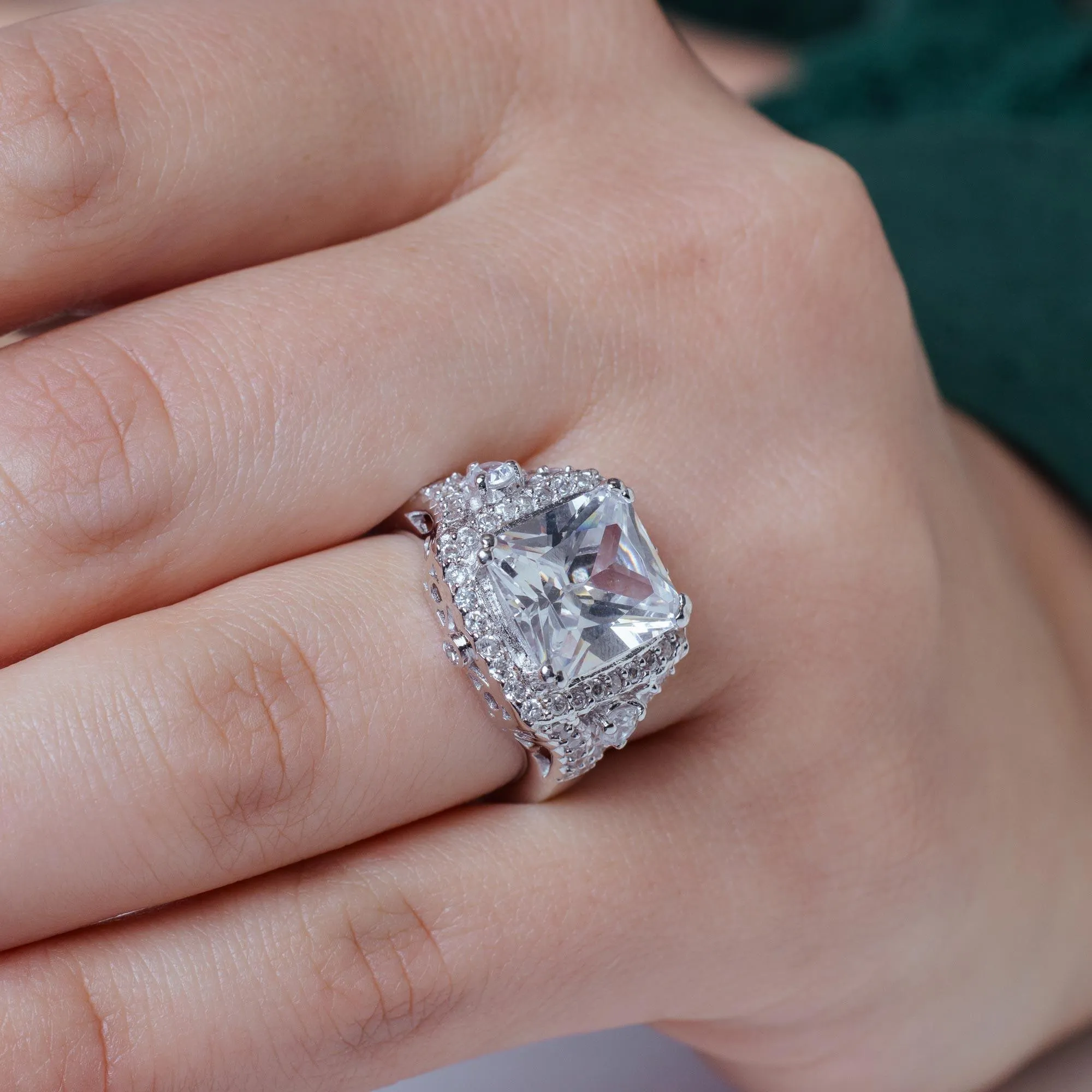 Silver 925 Rhodium Plated Pave Clear Square Center Cluster CZ Ring - ACR00029