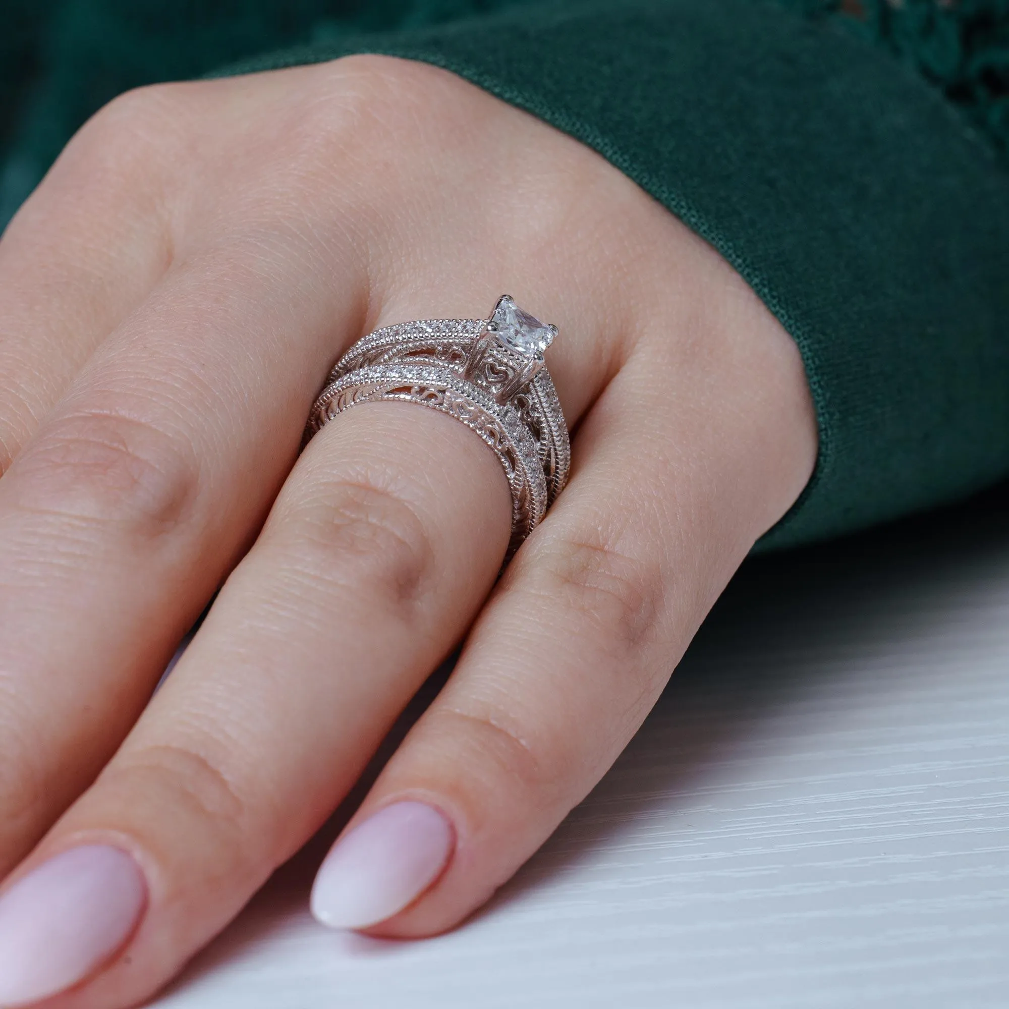 Silver 925 Rhodium Plated Pave Princess Cut Center CZ Engagement Ring Set - ACR00022