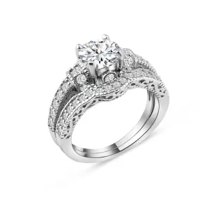 Silver 925 Rhodium Plated Pave Round Center Clear CZ Engagement Ring Set - ACR00024