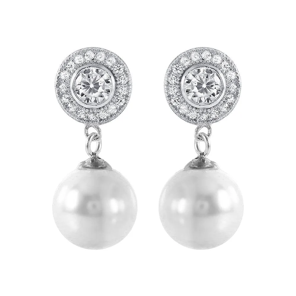 Silver 925 Rhodium Plated Pearl CZ Cluster Earrings - STE00988
